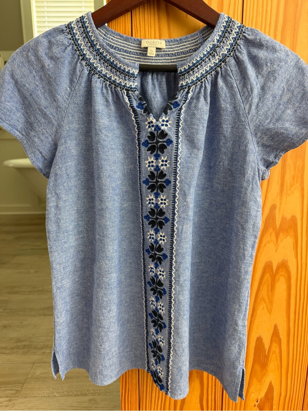 Talbots Light Blue Embroidered Chambray Short Sleeve Top